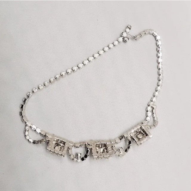 Modern Vintage 1960s Signed Rifas White Cabochon & Swarovski Rhinestone Necklace For Sale - Image 3 of 10