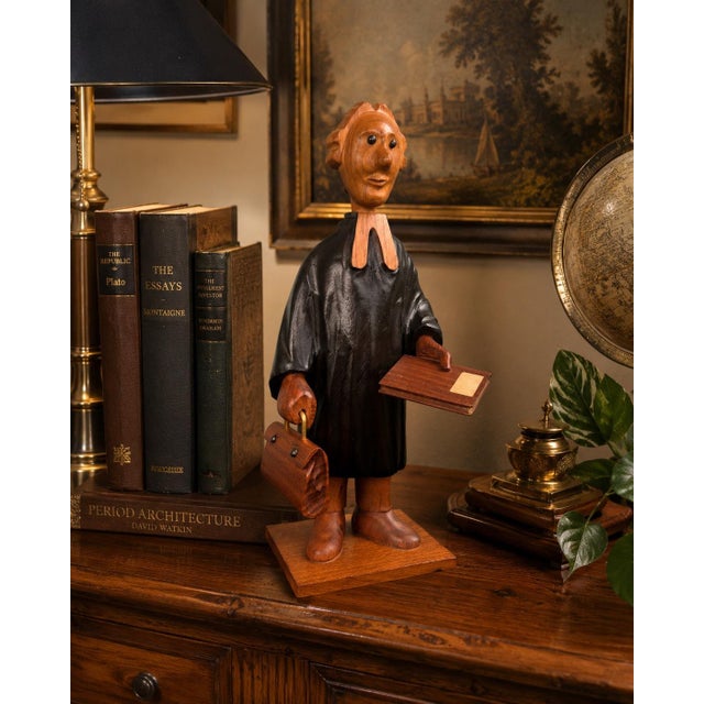 A wonderfully expressive vintage Italian hand-carved wooden figure sculpture attributed to Romer, featuring a whimsical...