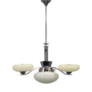 Vintage Art Deco Chrome Pendant Light with Cream Opaline Glass Shades, 1930s For Sale