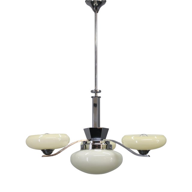 Vintage Art Deco Chrome Pendant Light with Cream Opaline Glass Shades, 1930s For Sale
