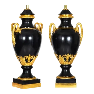 Substantial Pair of French Louis XVI Antique Black Slate Urn Lamps, 43” H