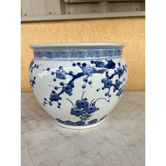 Vintage Japanese Blue & White Bird & Cherry Blossom Jardinière / Planter For Sale - Image 4 of 9