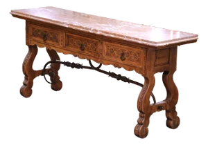 19th Century Spanish Baroque Carved Oak Console With Breccia Marble Top