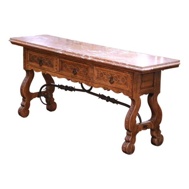 19th Century Spanish Baroque Carved Oak Console With Marble Top and Iron Base For Sale
