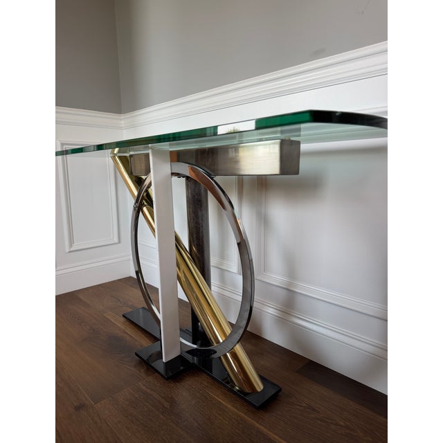 Kaizo Oto for Design Institute America Postmodern Brass, Chrome & Glass Sculptural Console Table For Sale - Image 6 of 12