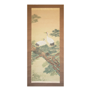 "Cranes and the Big Pine Tree", Showa Era Japanese Silk Scroll Painting