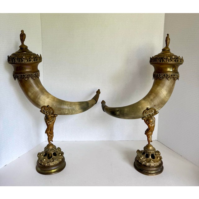 Pair of 19th C. Brass and Horn Cherub Trophy Beer Steins Mantel Cornucopias For Sale - Image 12 of 12