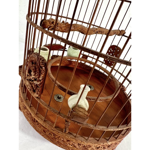 Wood 1980's Vintage Intricately Hand Made Bamboo Bird Cage With Celadon Feeders and Dragons For Sale - Image 7 of 11