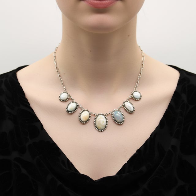 1930s Retro Taxco 980 Silver Graduated Opal Cabochon Necklace For Sale - Image 9 of 9