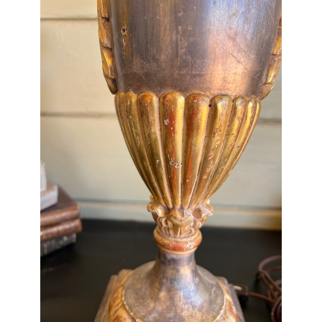 Wood Fine Antique Italian Neoclassical Giltwood & Silver Leaf Carved Urn Table Lamp For Sale - Image 7 of 12
