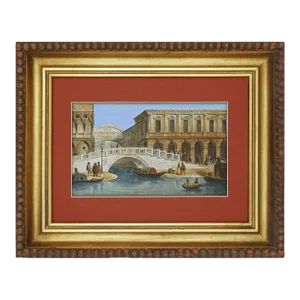 19th Century Venice Bridge of Sighs Antique Framed Lithograph Hand Painted Gouache after Marco Moro Venice