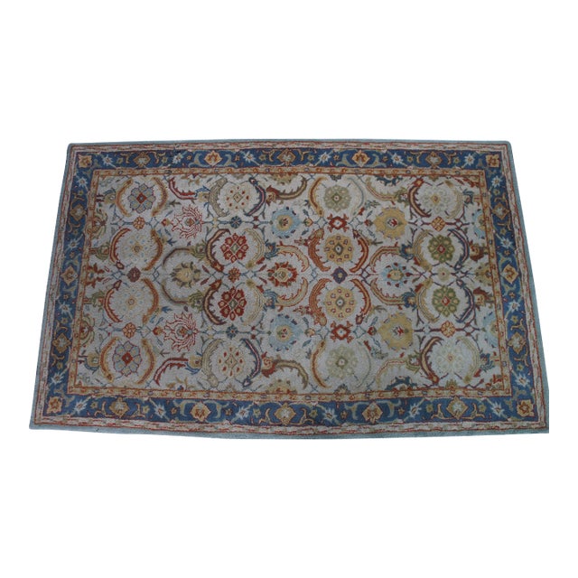 Woolmark Hand-Tufted Oriental Floral Eva Area Rug Beige Blue 5' X 8' For Sale