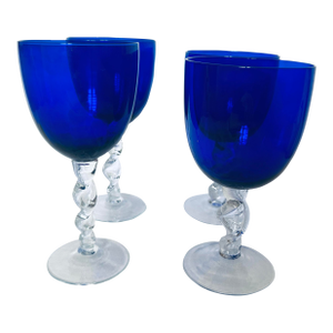 Set of 4 Empoli Cobalt Blue Twisted Stem Goblets & Wine Glasses