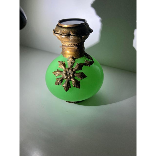 Glass Mid 19th Century French Uranium Opaline Scent Bottle, Hand-Painted Pont Neuf & Louvre Miniature, Gilt Mounts, Napoleon Iii, 3in For Sale - Image 7 of 14