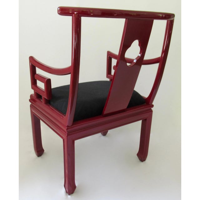 C.1980's High Gloss Candy Apple Red Lacquered Asian Ming-Style Lounge Chair With "Greek Key" Scroll Arms With Donghia Textile For Sale - Image 9 of 18
