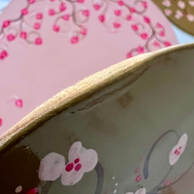 Vintage Whimsical Hand-Painted Cherry Blossom Placemats, Mixed Blush & Bronze, Set of 7 For Sale - Image 11 of 12