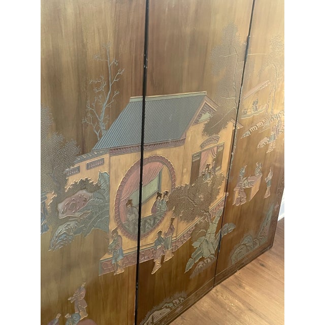 Early 20th Century Four Panel Wood Chinese Asian Coromandel Screen or Wall Art With Etched Landscape Scene For Sale - Image 11 of 11