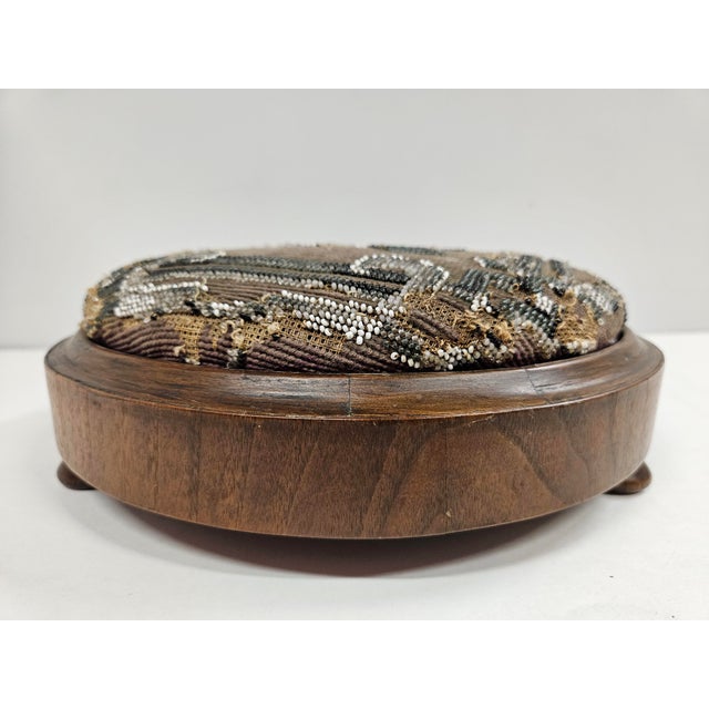 Antique Gray and Taupe Beaded Mahogany Footstool For Sale - Image 10 of 17