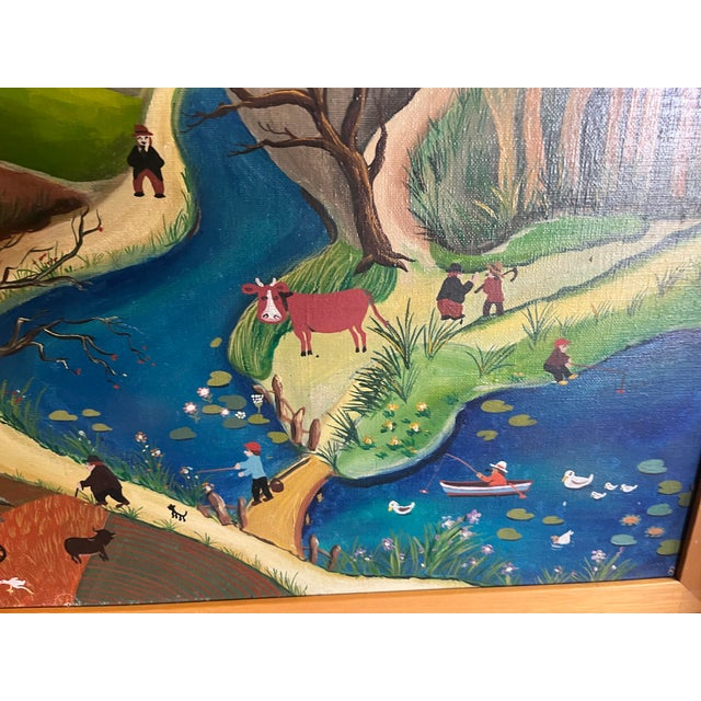 Beautifully hand painted original oil on canvas by listed artist. Signed and dated. Very fun and charming folk art country...