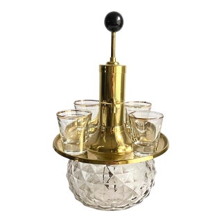 Vintage Park Sherman Pump Liquor Decanter & Glasses Gold Tone Mid Century Set of 5 For Sale