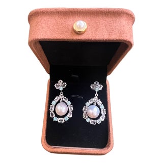 Bochic "Orient" Blue & White Topaz White Pearls Earrings Set 18K Gold & Silver For Sale