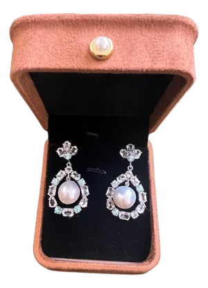 Bochic "Orient" Blue & White Topaz White Pearls Earrings Set 18K Gold & Silver
