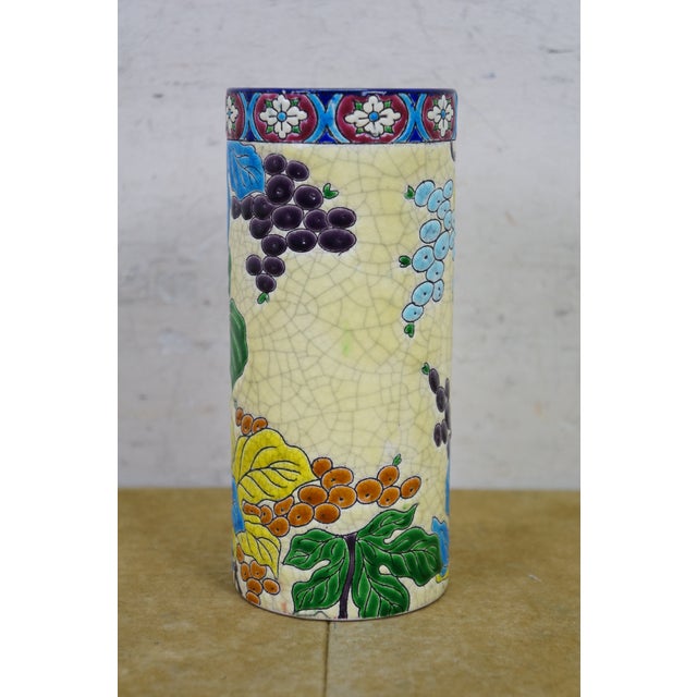 Early 20th Century Antique French Longwy Emaux Cloisonne Enamel Grapevine Ceramic Cylinder Vase 7" For Sale - Image 5 of 10