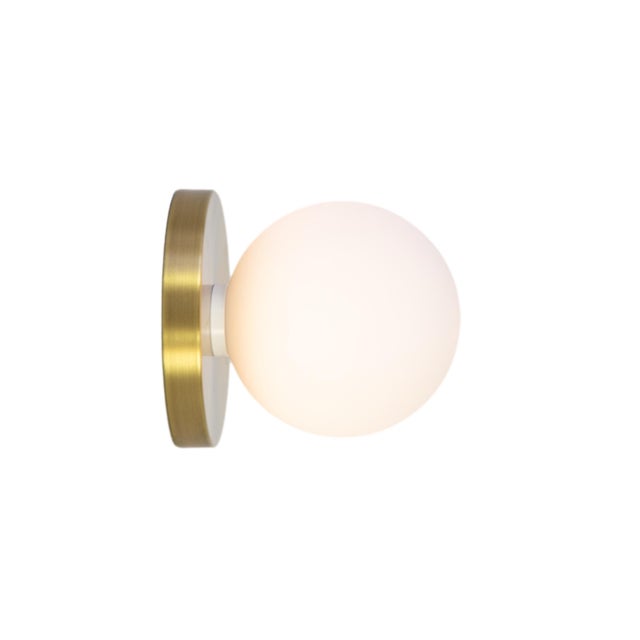 Metal Globe Sconce Brass, Modern, 5 Inch Glass Globes, by Research.Lighting, Modern, Minimal For Sale - Image 7 of 8