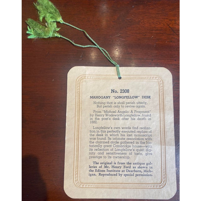 American 1930s Poet h.w. Longfellow Writing Desk- Authentic Reproduction For Sale - Image 3 of 12