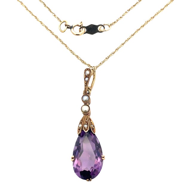 Vintage 14k Yellow Gold Amethyst & Seed Pearl Necklace For Sale
