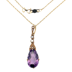 Vintage 14k Yellow Gold Amethyst & Seed Pearl Necklace