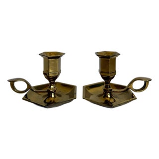 Pair of Early 20th Century Jennings Brothers Brass Chambersticks With Loop Handles For Sale