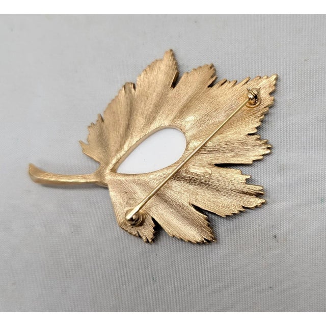 Vintage 1960s Signed Crown Trifari White Rhinestone Leaf Brooch For Sale In Philadelphia - Image 6 of 7