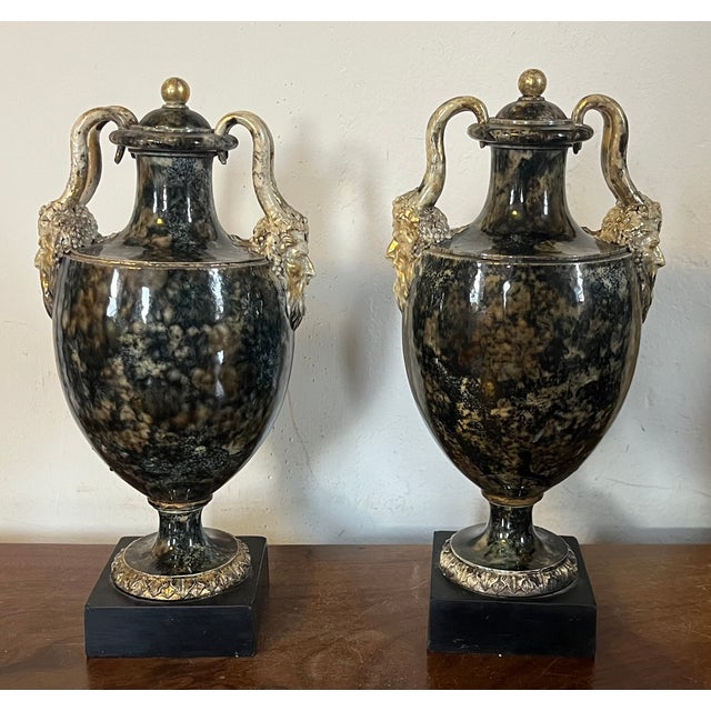 Ceramic Antique 18th Century George III Wedgwood & Bentley Creamware Urns or Mantel Vases With Faux Stone Glaze & Satyr Mask Handles Circa 1780 - A Pair For Sale - Image 7 of 18
