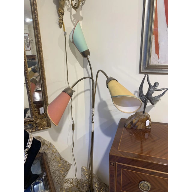 Mid-Century Modern Adjustable 3-Light Floor Lamp in Green, Yellow and Orange Glass and Brass by Bruno Gatta for Stilnovo, 1950s For Sale - Image 3 of 10
