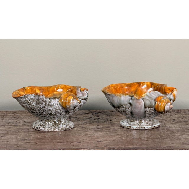 Nautical Italian Mid Century Art Pottery Shell Form Pedestal Bowls - A Pair For Sale - Image 3 of 7