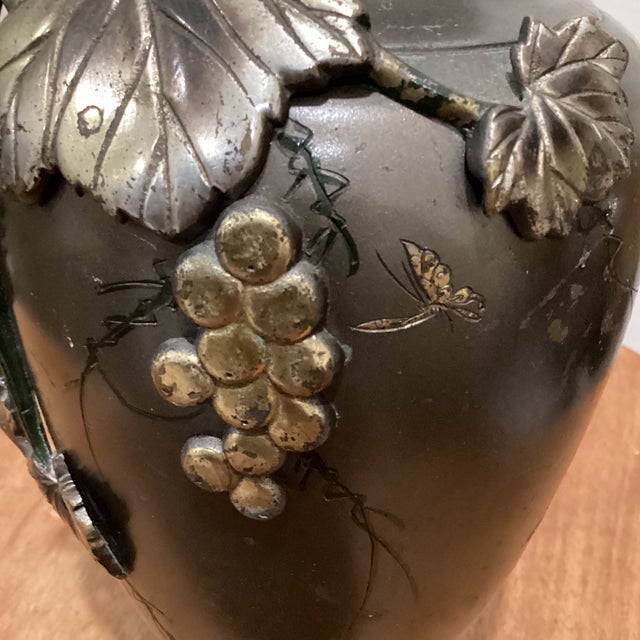Vintage Japanese Mixed-Metal Bronze Vase With High Relief Applied Grapevine Motif For Sale In Chicago - Image 6 of 12