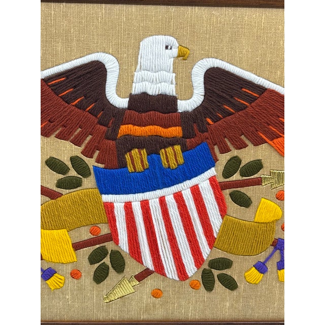 Vintage Americana Folk Art Eagle Crewel Art Framed For Sale - Image 4 of 7