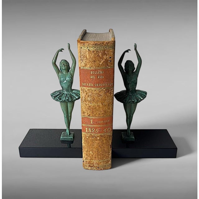 Art Deco French Pair of Dancer Bookends in Spelter and Black Marquina Marble For Sale - Image 9 of 18