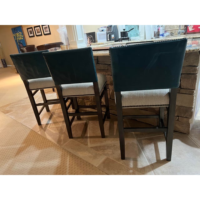 2000s Ethan Allen Hadley Leather Counter Stool Straight Top Custom Nailhead Teal Set of 3