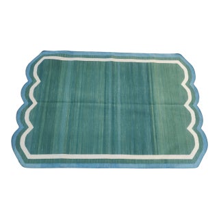 Handmade Cotton Scalloped Rug, Forest Green With Cream and Teal Blue Border - 4'x6' For Sale