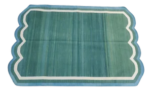 Handmade Cotton Scalloped Rug, Forest Green With Cream and Teal Blue Border - 4'x6'