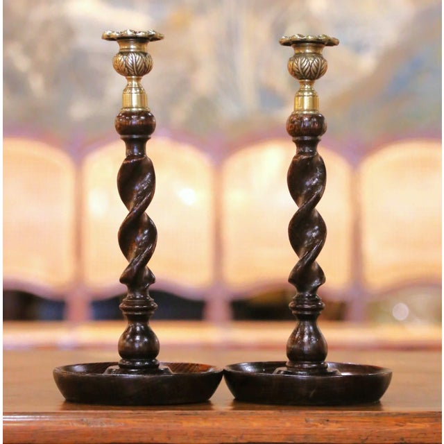 Pair of Early 20th Century English Oak and Brass Barley Twist Candlesticks For Sale In Dallas - Image 6 of 8