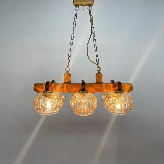Wood & Glass Ceiling Lamp, Czechoslovakia, 1970s For Sale - Image 3 of 10