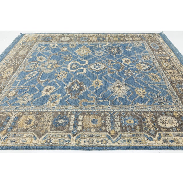 2020s Modern Oushak Style Hand-Knotted Wool Area Rug in French Blue, Slate Grey & Gold For Sale - Image 5 of 12