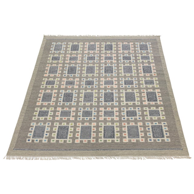 Contemporary Swedish Geometric Wool Flatweave Rug Architectural Nordic Design For Sale - Image 9 of 11