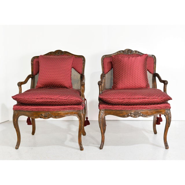 Vintage French Bergere Carved Wood Cane Red Occasional Chairs - a Pair For Sale - Image 4 of 12