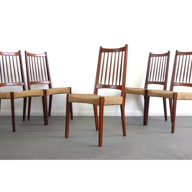 Mid-Century Modern Danish Modern Teak Spindle Back Dining Chairs with Paper Cord, Set of 6 For Sale - Image 3 of 7