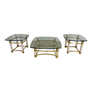 1980s Vintage Italian Brass Horn 1 Coffee and 2 End Tables Thick Glass - Set of 3 For Sale