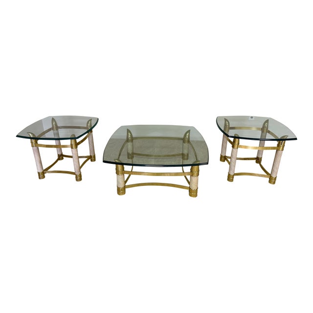 1980s Vintage Italian Brass Horn 1 Coffee and 2 End Tables Thick Glass - Set of 3 For Sale